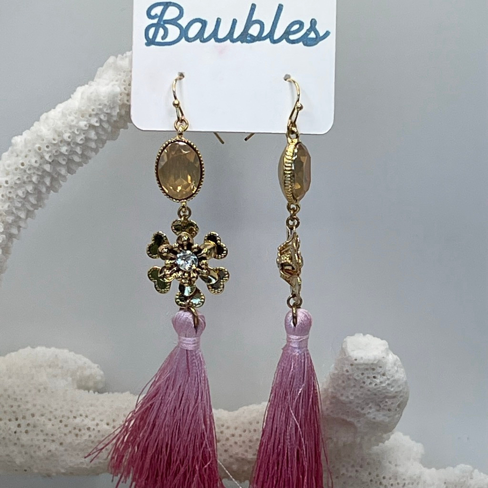 Baubles Gold Floral Pink Tassel Dangle Earring